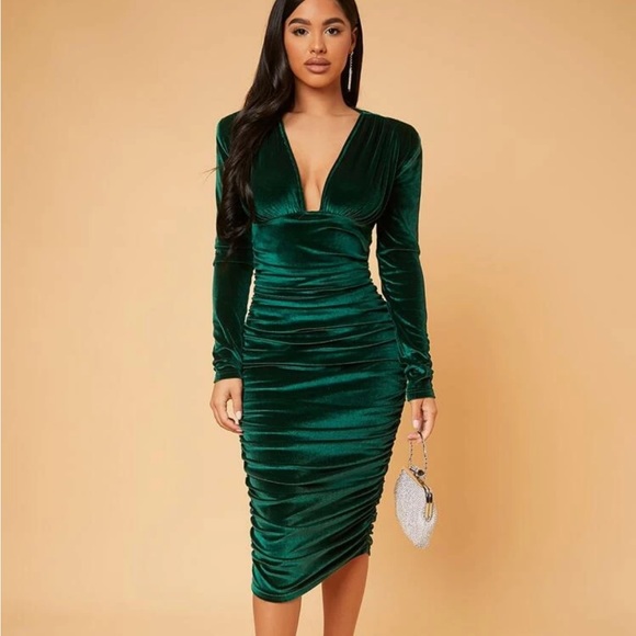 SExyDeep V Neck Ruched Velvet Bodycon Dress womens midi party prom dress maxi - Picture 4 of 6